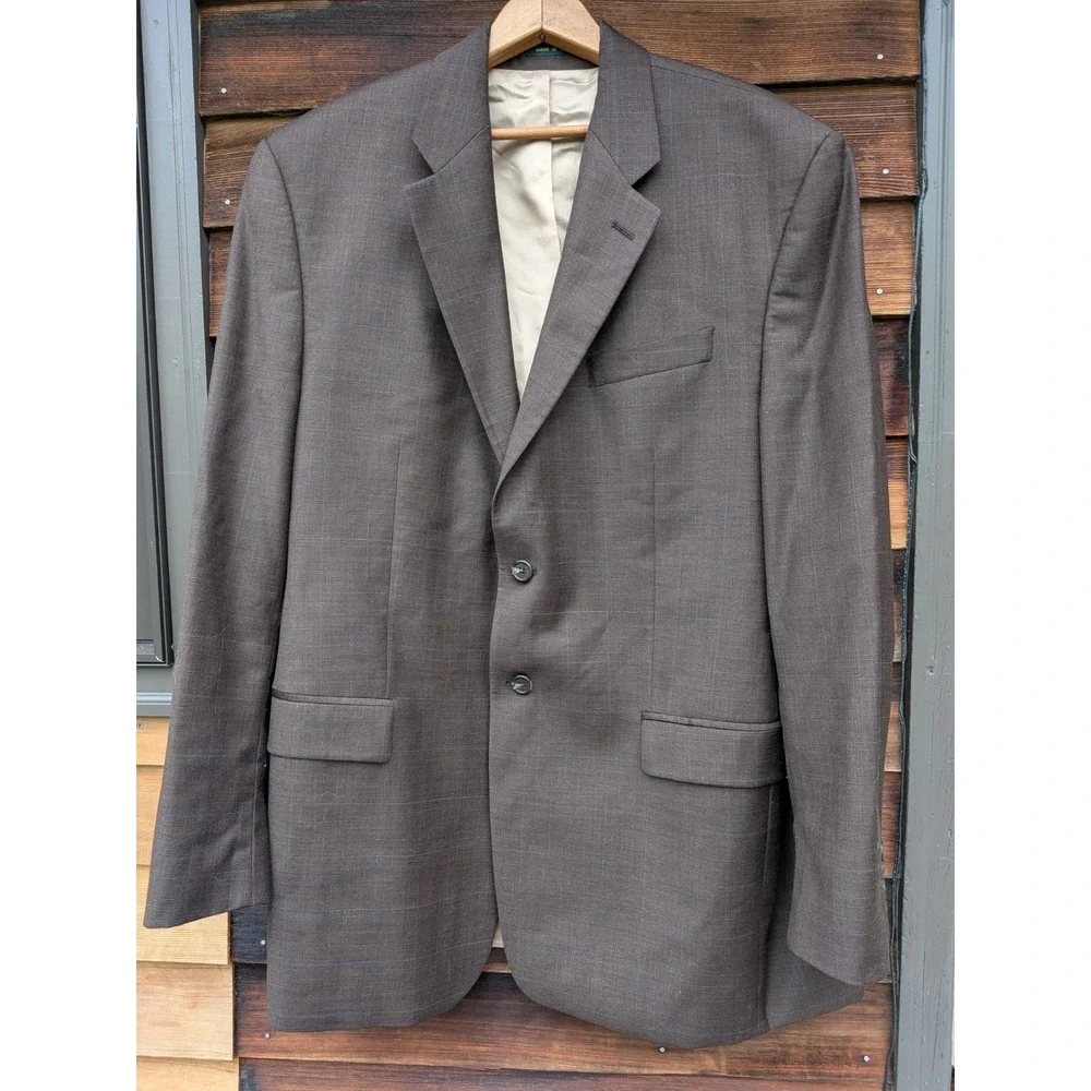 VTG Laure Ralph Lauren Suit 44R XL 38x30 Brown Blue Glen Check 100% Wool